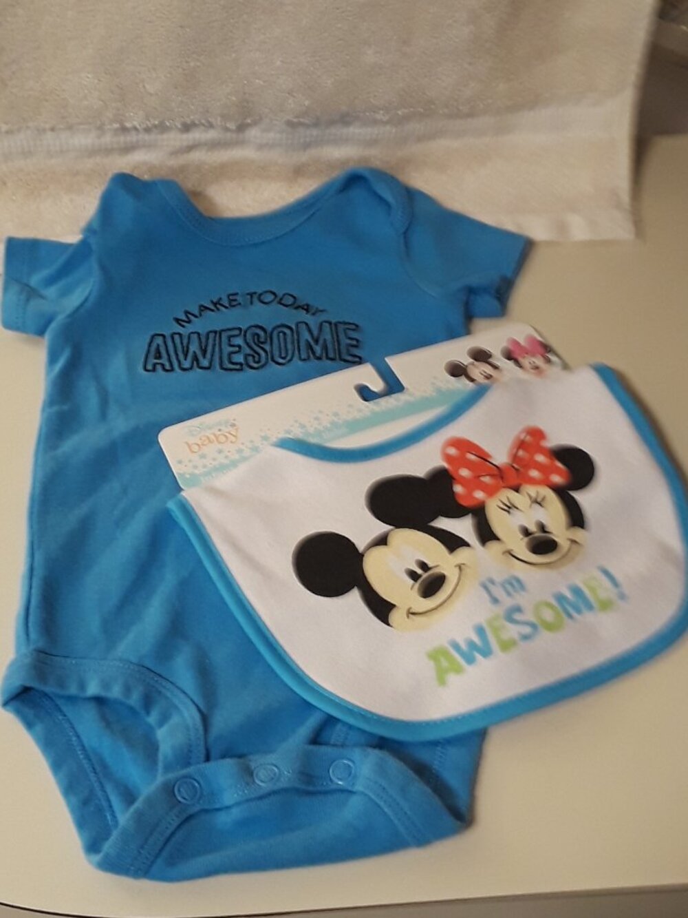 Disney Baby 2 Pc Bundle: 3M Bodysuit Make Today Awesome + NWT Mickey Minnie Bib